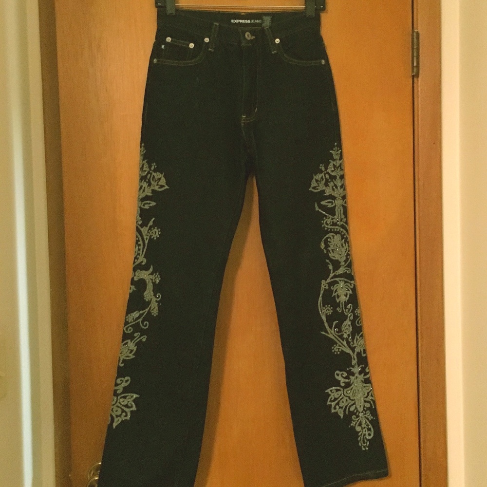 Vintage '90s Express Sparkle Embellished Holiday Bootcut Jeans, Size 1/2 - Picture 2 of 11